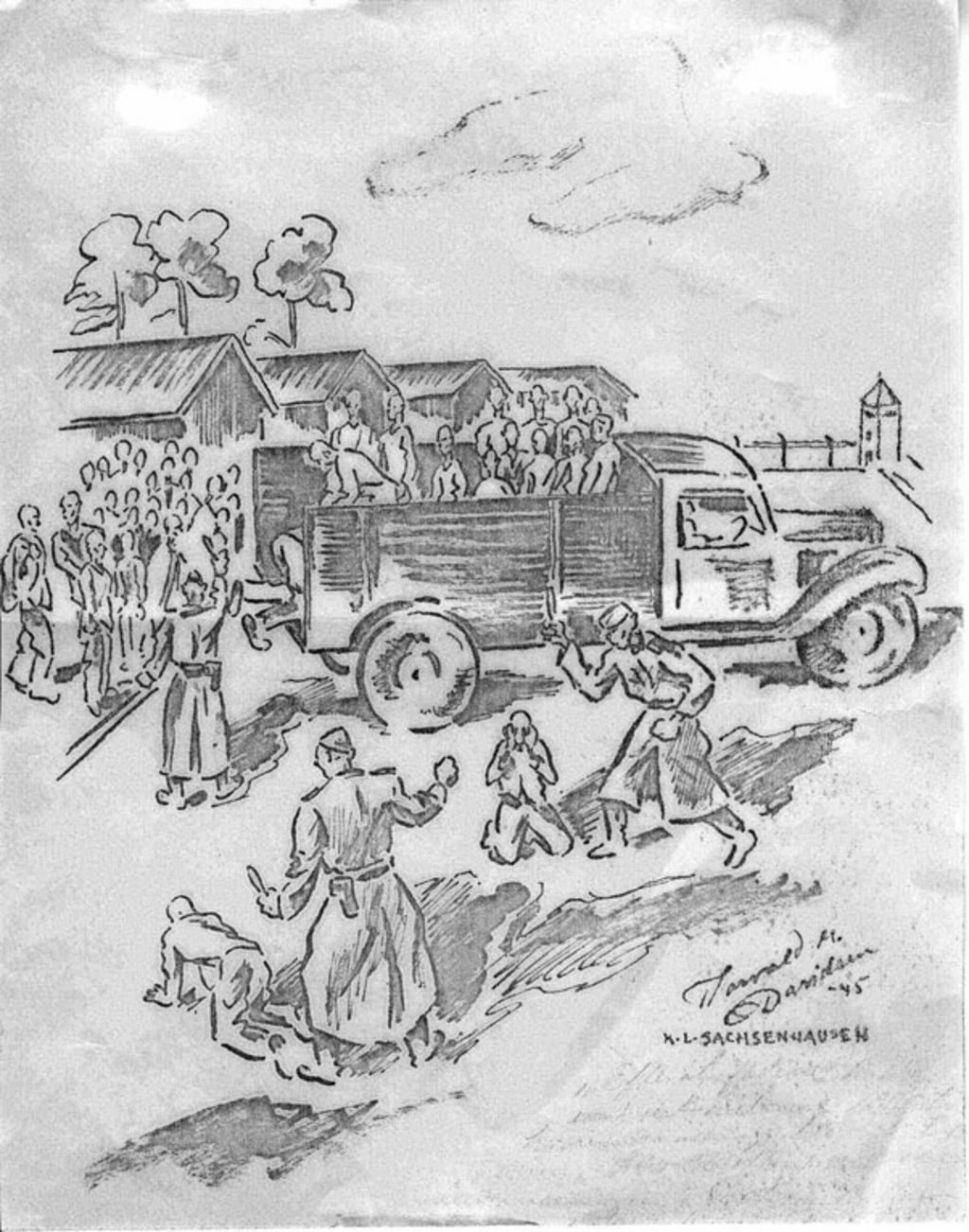 Die Zeichnung des norwegischen Häftlings Thorvald M. Davidsen stellt die Ankunft der LKW mit den ausgemergelten, vorwiegend jüdischen Häftlingen aus dem Außenlager Lieberose im KZ Sachenhausen im Februar 1945 dar. Sie werden von SS-Männern mit Schlagstöcken in Empfang genommen.